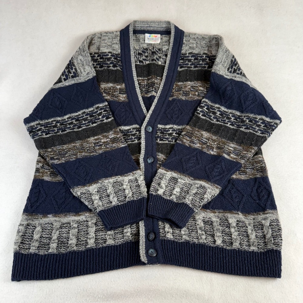 Monello Italy Mens Cardigan Sweater Navy Blue Grey Geometric Mixed Knit XL